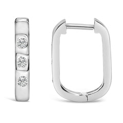 10K White Gold 1/10 Cttw Three Stone Lab Grown Diamond Oval Huggies Hoop Earrings