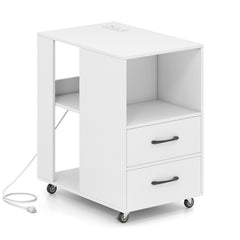 End Table with Built-in Charging Station Sofa Side Bedside Table on Wheels