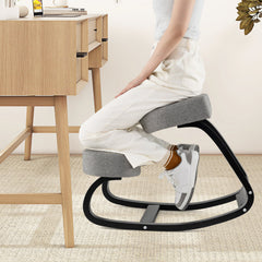 Wooden Ergonomic Backless Rocking Kneeling Chair with Padded Cushion-Gray
