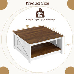 Farmhouse Coffee Table 31 Inch Square Coffee Table with Storage Shelf-White