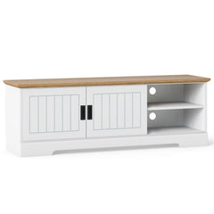 Farmhouse TV Stand for TVs up to 65 Inch with Sliding Doors and Storage Cabinets-White