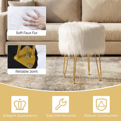 Faux Fur Vanity Stool Chair with Metal Legs for Bedroom and Living Room