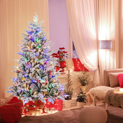 7 Feet Flocked Christmas Tree with 8 Lighting Modes and Multi-Color LED Lights