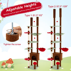 Floor to Ceiling Cat Tree Adjustable Mushroom Themed with Condo and Hammock-Brown