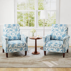 Floral Accent Chair Farmhouse Boho Armchair with Solid Wood Legs and High Back