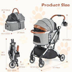 Foldable Dog Cat Stroller with Removable Waterproof Cover-Dark Gray