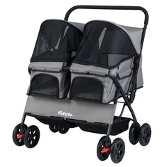 Foldable Double Pet Stroller with Adjustable Sunshade and Storage Basket
