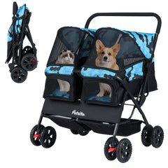 Foldable Double Pet Stroller with Adjustable Sunshade and Storage Basket