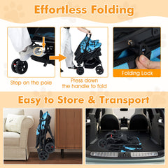 Foldable Double Pet Stroller with Adjustable Sunshade and Storage Basket