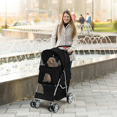 Folding Pet Stroller with Storage Basket and Adjustable Canopy-Black