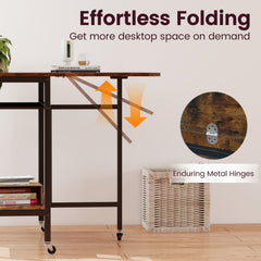 Folding Dining Table with Expandable Laptop with Wine Rack and Wheels-Rustic Brown