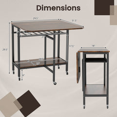 Folding Dining Table with Expandable Laptop with Wine Rack and Wheels-Rustic Brown