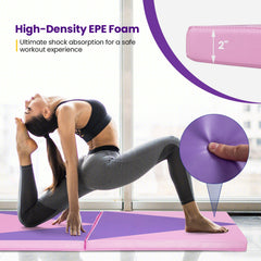 4-Panel PU Leather Folding Exercise Gym Mat with Hook and Loop Fasteners-Pink & Purple