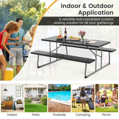 Folding Picnic Table Set with Metal Frame and All-Weather HDPE Tabletop Umbrella Hole-Black