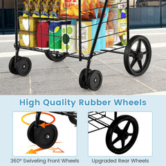 Folding Shopping Cart for Laundry with Swiveling Wheels and Dual Storage Baskets-Black