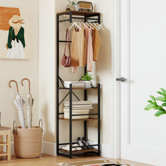 Freestanding Coat Rack with 4 Storage Shelves and 6 Hooks-Rustic Brown