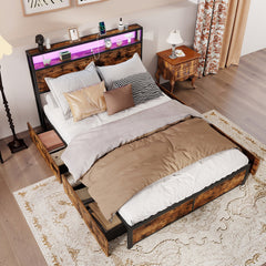 Full/Queen Size LED Bed Frame with Charging Station and 4 Storage Drawers