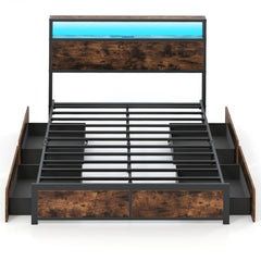 Full/Queen Size LED Bed Frame with Charging Station and 4 Storage Drawers