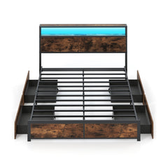 Full/Queen Size LED Bed Frame with Charging Station and 4 Storage Drawers