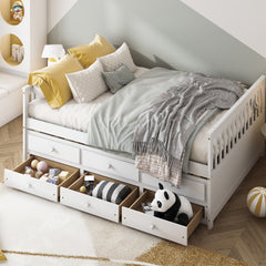 Full Size Wood Daybed Frame with Trundle Bed and 3 Storage Drawers-White