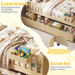 Full Size House Bed with Roof and Fence Rails for Kid