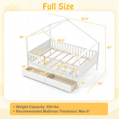 Full Size House Bed with Roof and Fence Rails for Kid