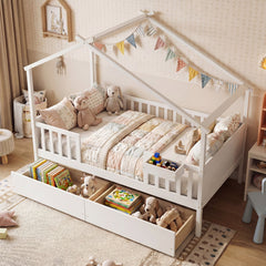 Full Size House Bed with Roof and Fence Rails for Kid