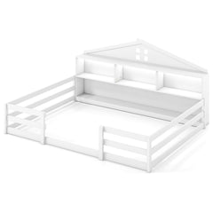 Full Size Montessori Floor Bed with Storage Compartments and Shelf