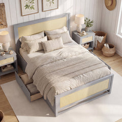 Full Size Rattan Bed Frame with Storage Drawers
