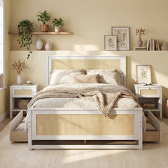 Full Size Rattan Bed Frame with Storage Drawers