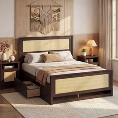 Full Size Rattan Bed Frame with Storage Drawers