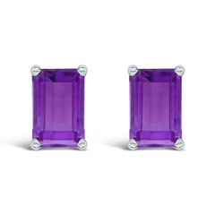 14K White Gold 6x4MM Emerald Shaped Amethyst Solitaire Stud Earrings