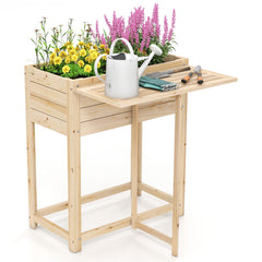 Wooden Raised Garden Bed with Legs and Foldable Side Table
