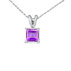 14K White Gold 5x5 MM Square Shaped Purple Amethyst Solitaire Pendant Necklace