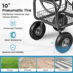 Garden Hose Reel Cart 300 Feet Large Capacity with 4 Wheels and Storage Basket-Gray
