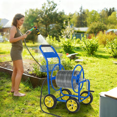 Garden Hose Reel Cart Metal Hose Cart with 4 Wheels and Storage Basket