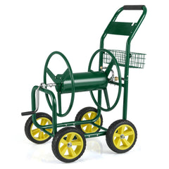 Garden Hose Reel Cart Metal Hose Cart with 4 Wheels and Storage Basket