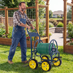 Garden Hose Reel Cart 4 Wheels Heavy-Duty Metal Water Hose Organizer Portable