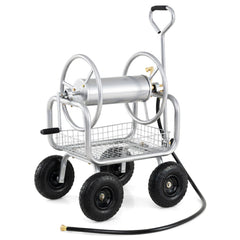 Garden Hose Reel Cart 300 Feet Large Capacity with 4 Wheels and Storage Basket-Gray