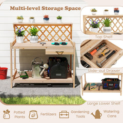 Garden Potting Bench Table Wooden Planting Workstation with Lattice Trellis