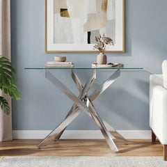 Glass Console Table Modern Entryway Table with Clear Tempered Glass Top-Silver