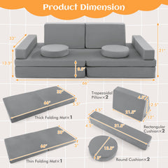 10-Piece Kids Play Couch Sofa with Portable Handle-Gray