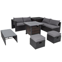 9 Pieces Patio Furniture Set with 32” Fire Pit Table and 50000 BTU Square Propane Fire Pit
