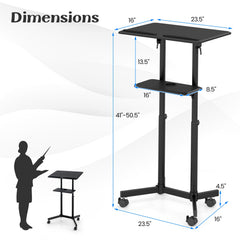 Mobile Lectern Podium Height-adjustable Rolling Laptop Cart with Tilting Top Storage Tray