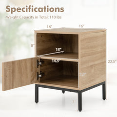 Home Boho Style Accent Table with Open Shelf and 1 Door Cabinet-Natural