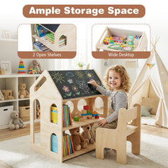 House-shaped Wooden Activity Kids Table Chair Set-Natural