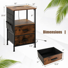 Industrial Bedside Table with USB Ports and AC Outlets for Bedroom Living Room