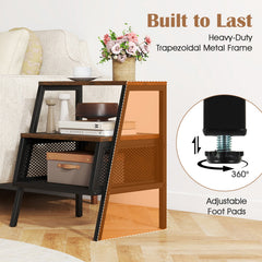 Industrial Nightstand 3-Tier End Table with 2 Open Shelves and Metal Mesh Compartment-Rustic Brown