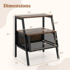 Industrial Nightstand 3-Tier End Table with 2 Open Shelves and Metal Mesh Compartment-Rustic Brown