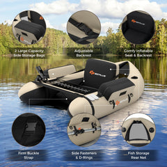 Inflatable Fishing Float Tube with Pump Storage Pockets and Fish Ruler-Beige